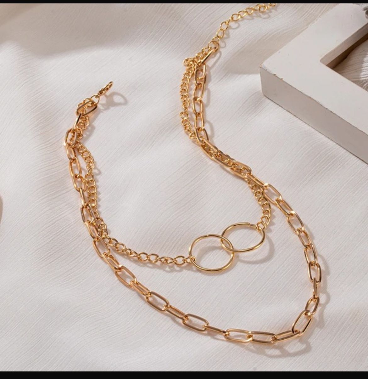 Dual Link Chain Necklace Set with Interlocking Rings