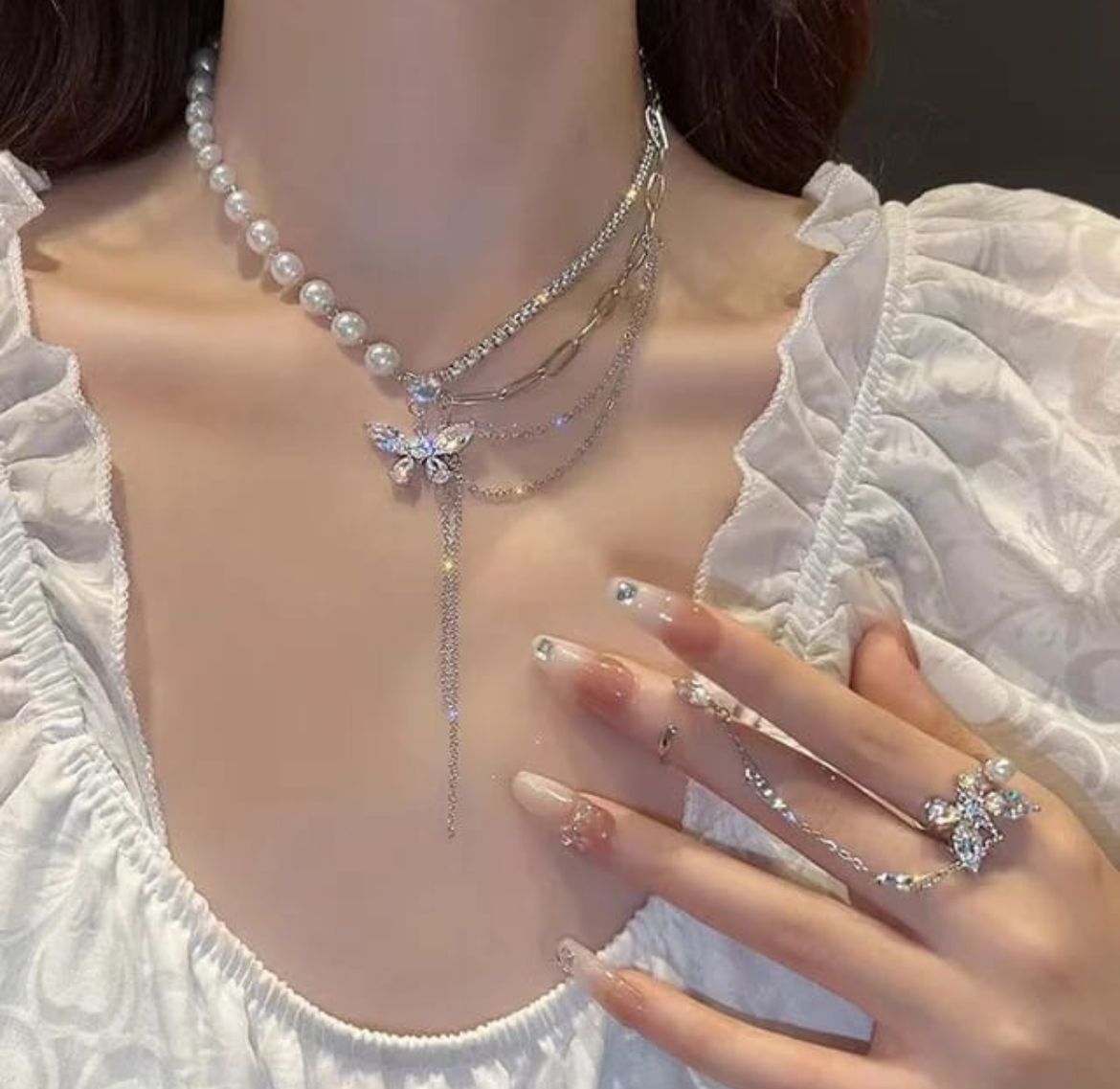Layered Pearl & Crystal Butterfly Necklace Set