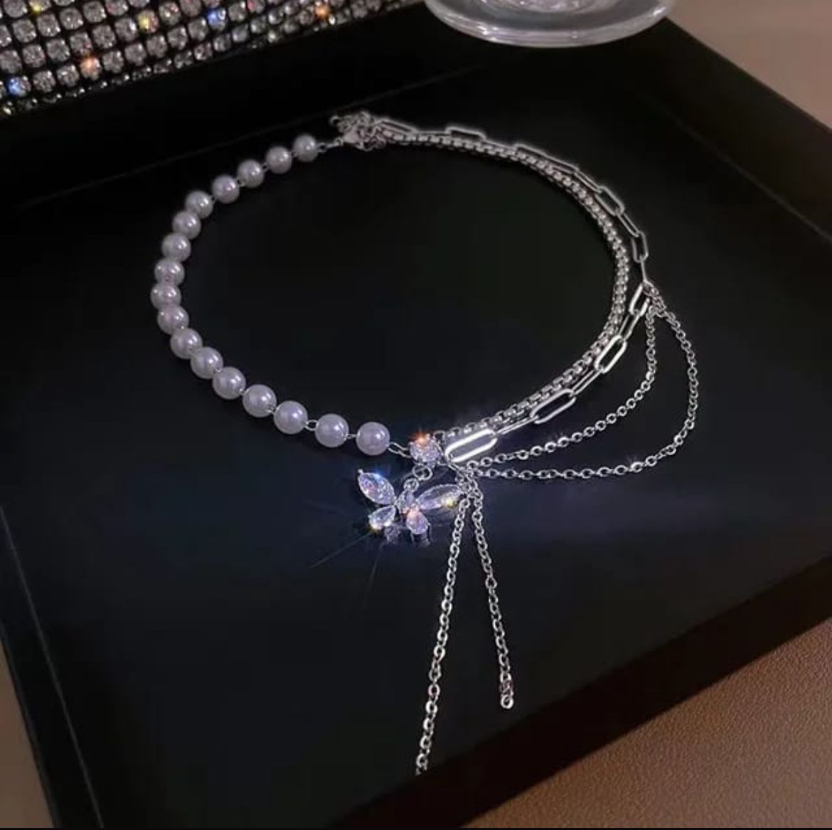 Layered Pearl & Crystal Butterfly Necklace Set