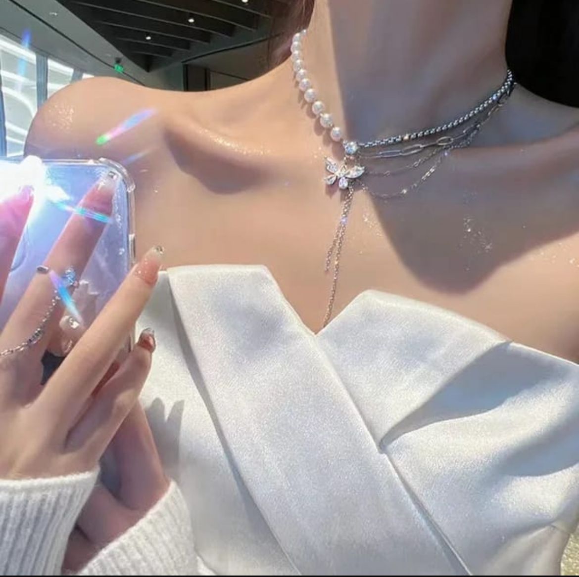 Layered Pearl & Crystal Butterfly Necklace Set