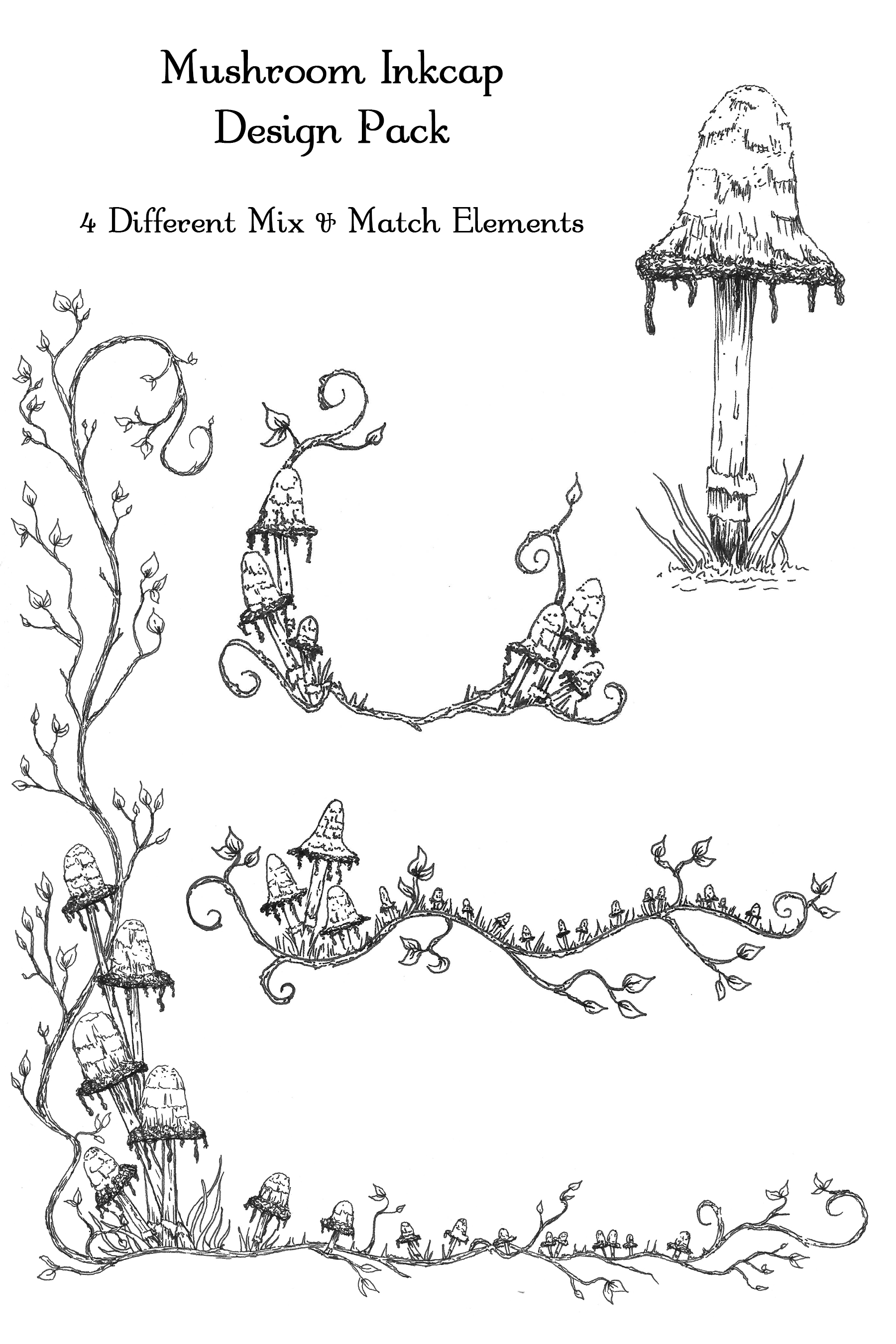 Ink Cap Mushroom Header, Page Frame, Circle & Divider Package