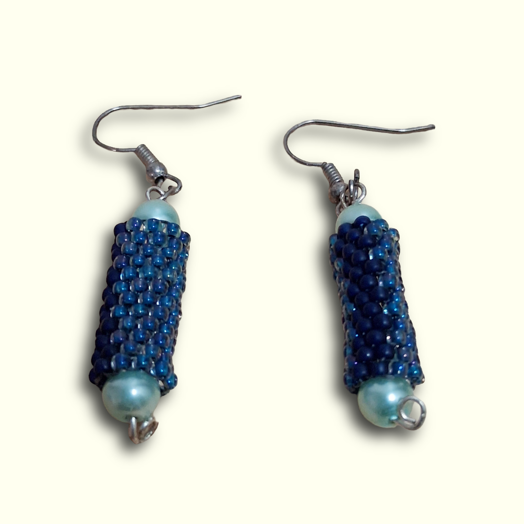 Blue Beaded Cylinder Earrings