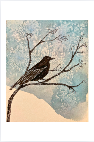 Watercolor Winter Blackbird Art Card