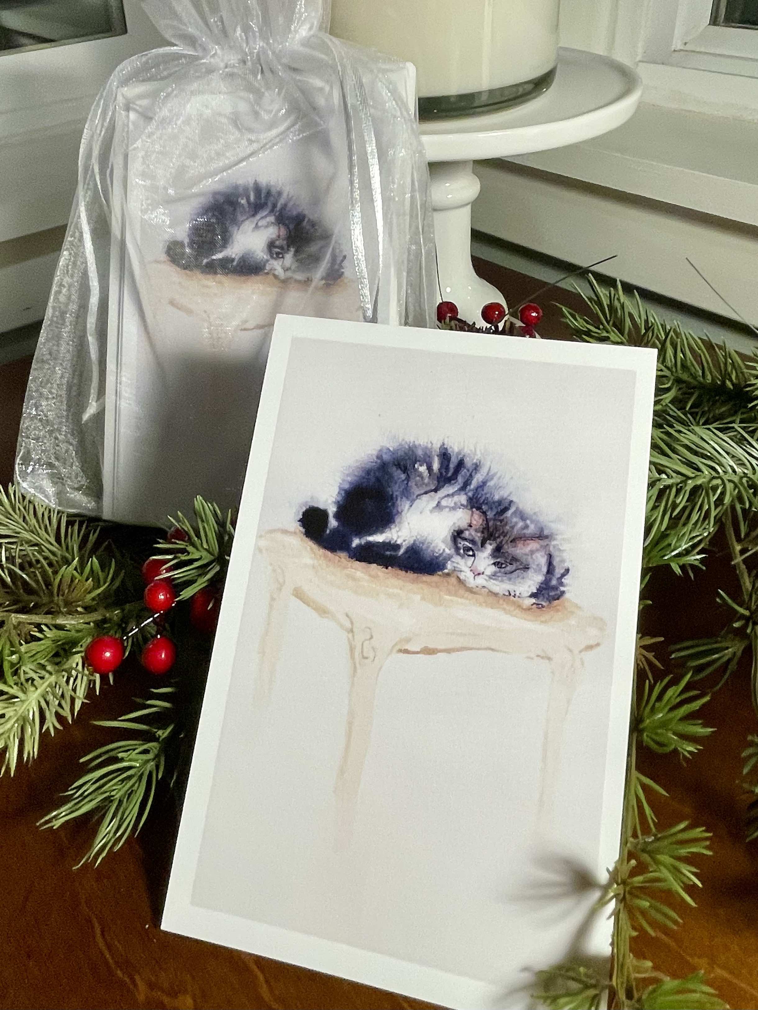 Watercolor Pouncing Kitty Card