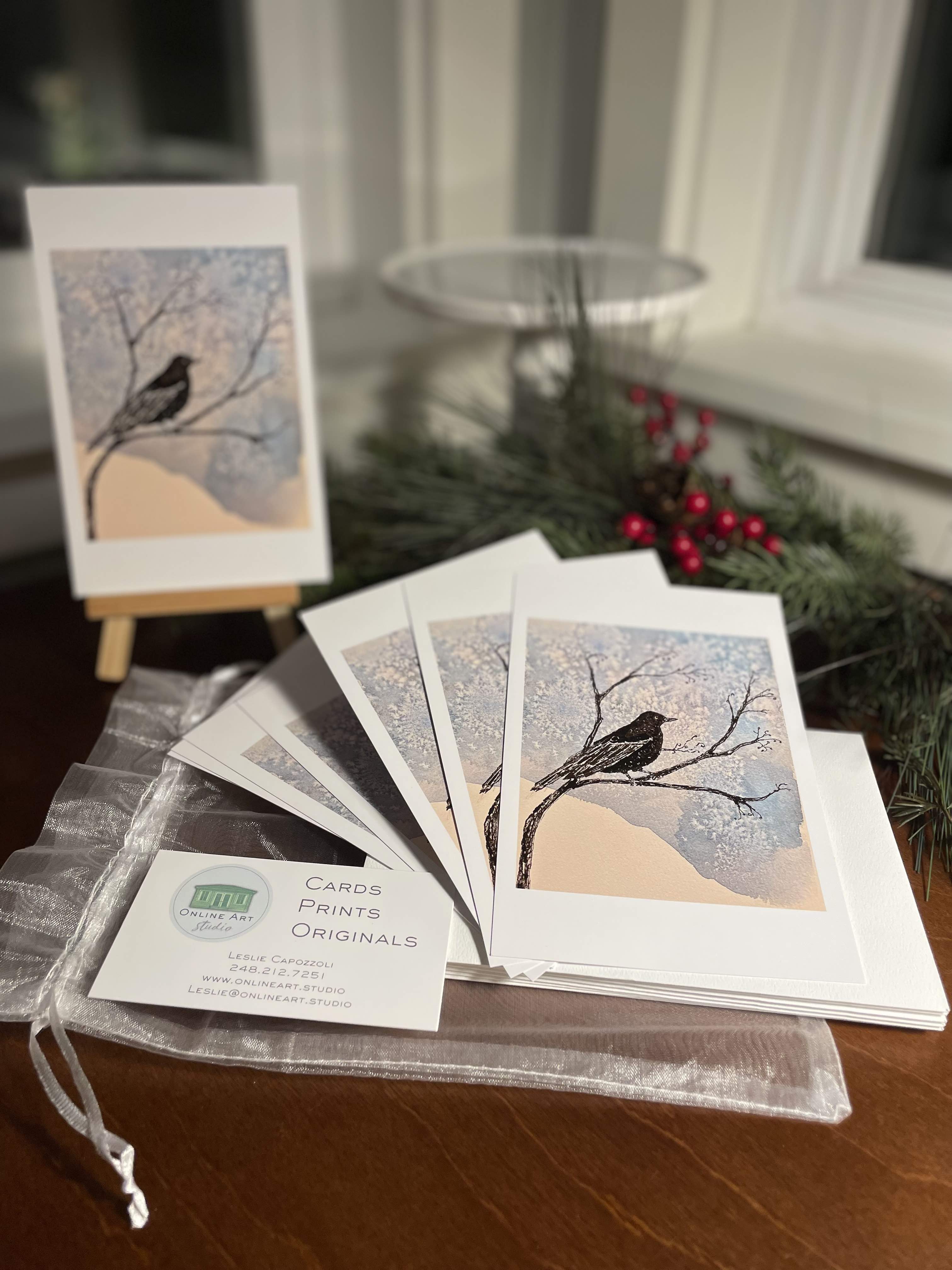 Watercolor Winter Blackbird Art Card