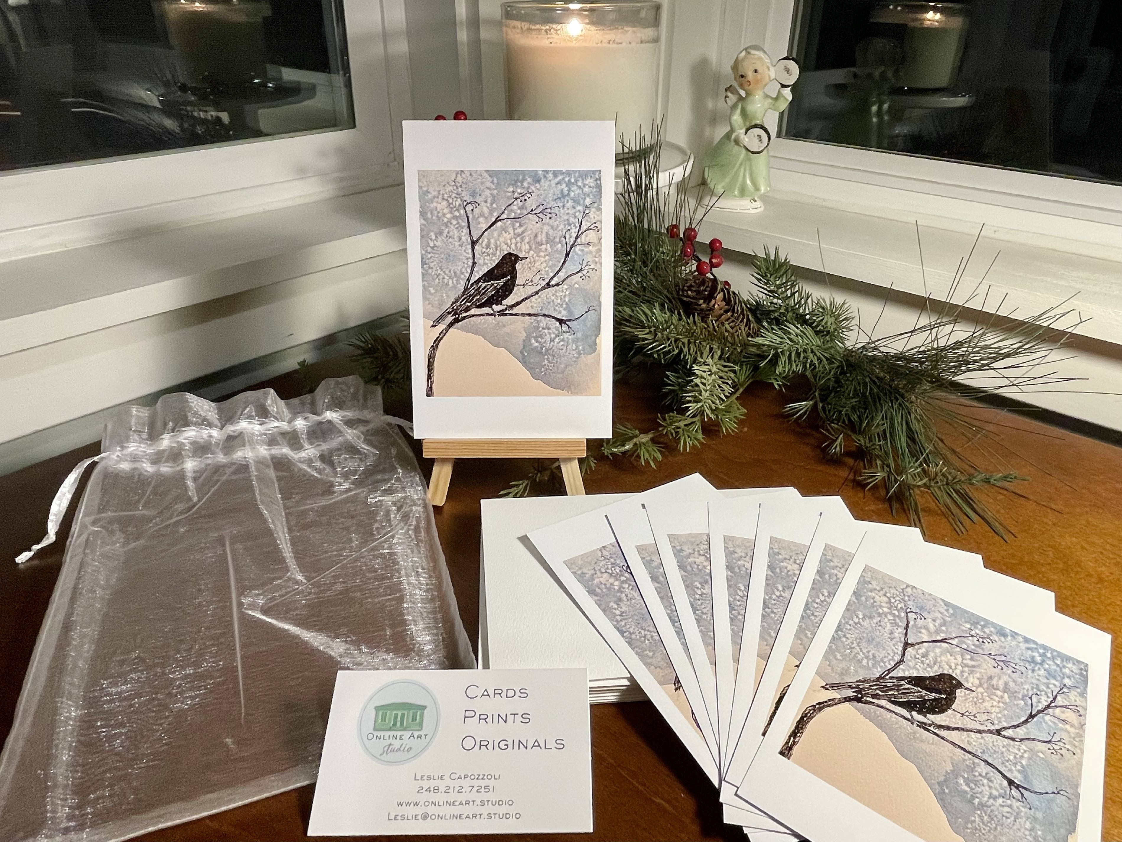 Watercolor Winter Blackbird Art Card
