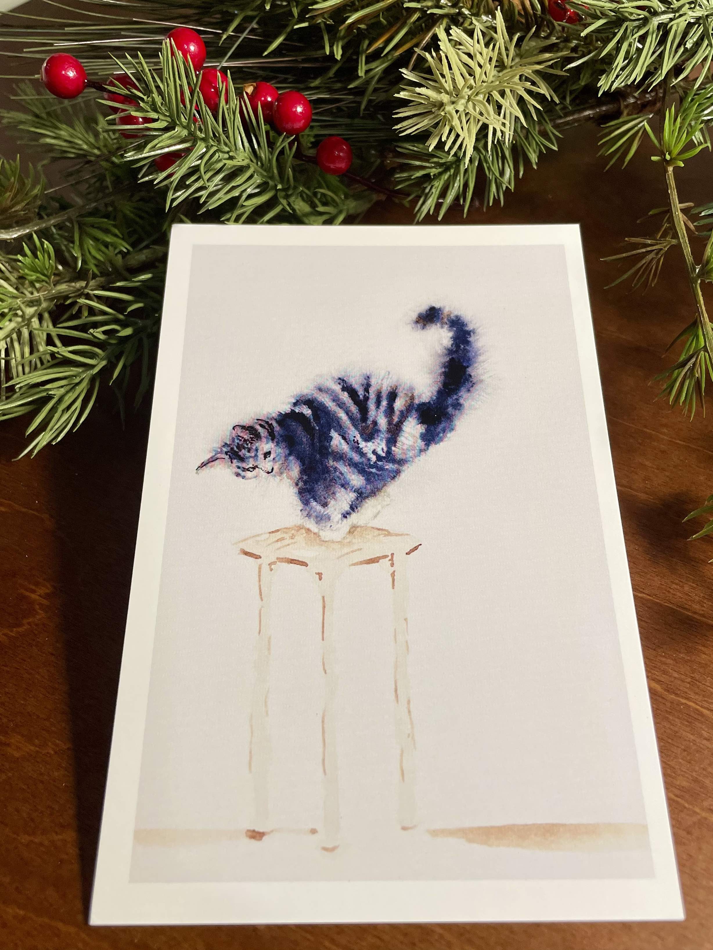 Watercolor Pouncing Kitty Card