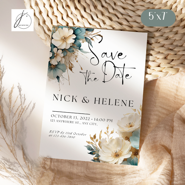 Teal-Gold Floral Save the Date 