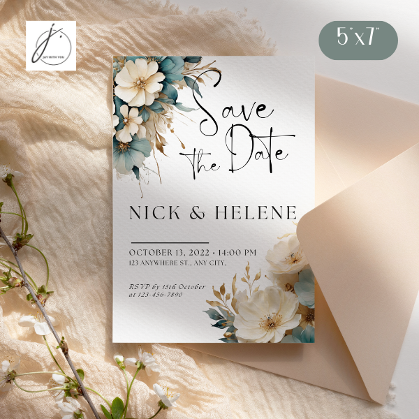Teal-Gold Floral Save the Date 
