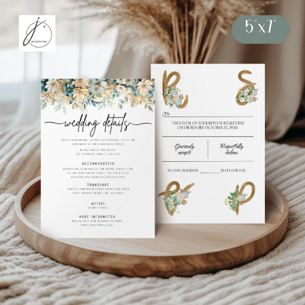 Teal-Gold Floral RSVP - Wedding Info Card