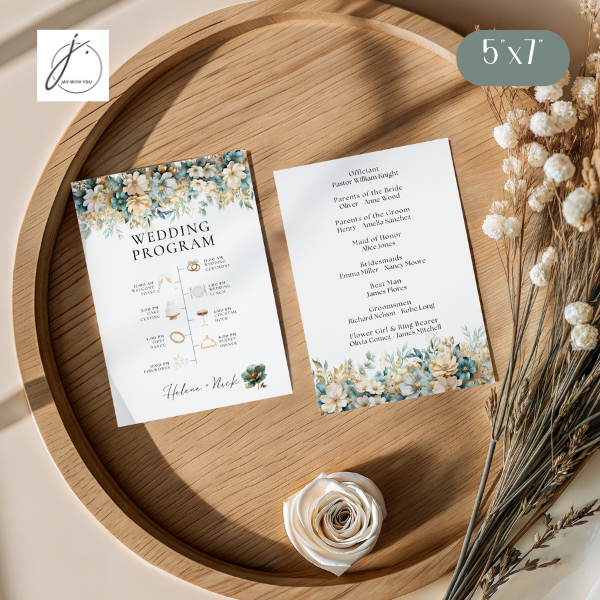 Teal-Gold Floral Wedding Program - Family Info