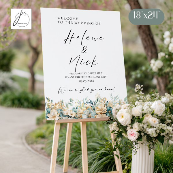 Teal-Gold Floral Wedding Sign
