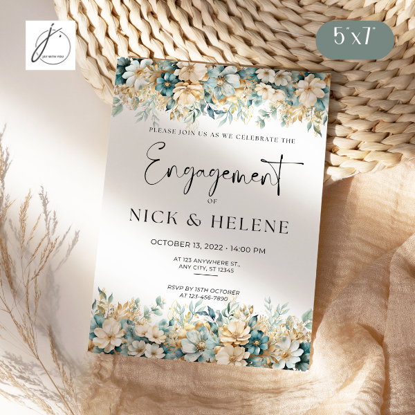 Teal-Gold Floral Engagement Announcement 