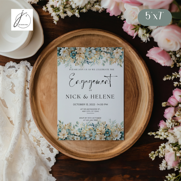 Teal-Gold Floral Engagement Announcement 