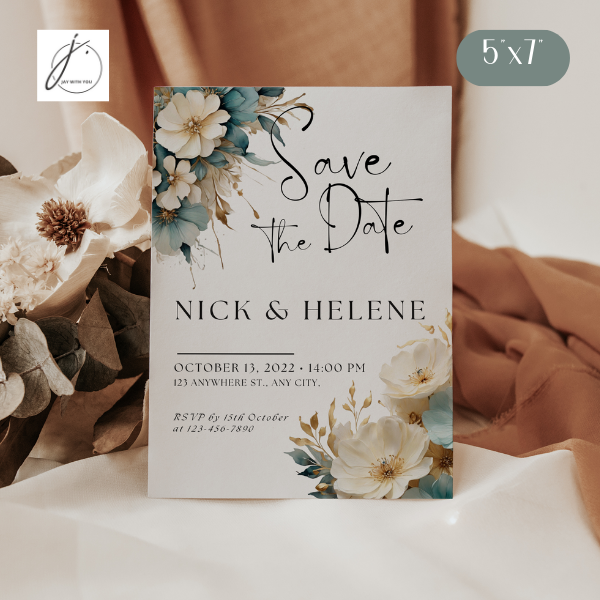 Teal-Gold Floral Save the Date 