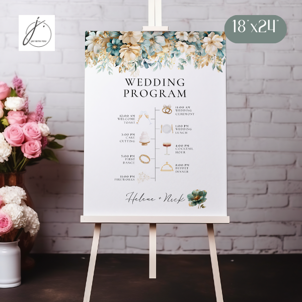 Teal-Gold Floral Wedding Sign