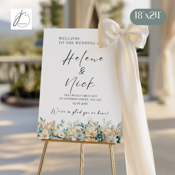 Teal-Gold Floral Wedding Sign