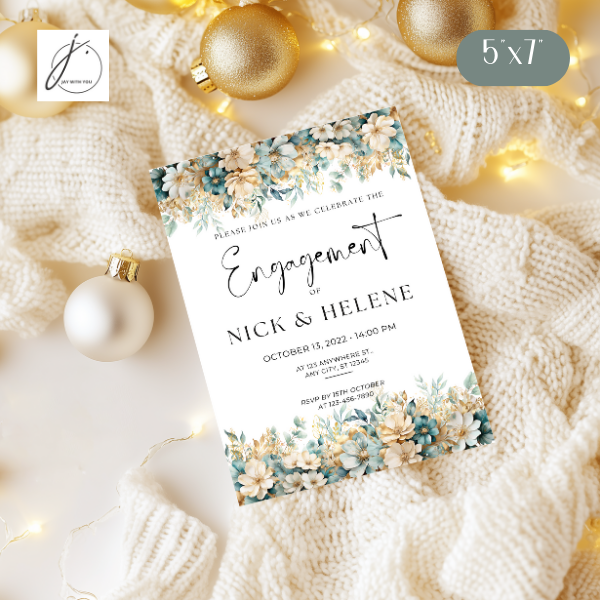 Teal-Gold Floral Engagement Announcement 