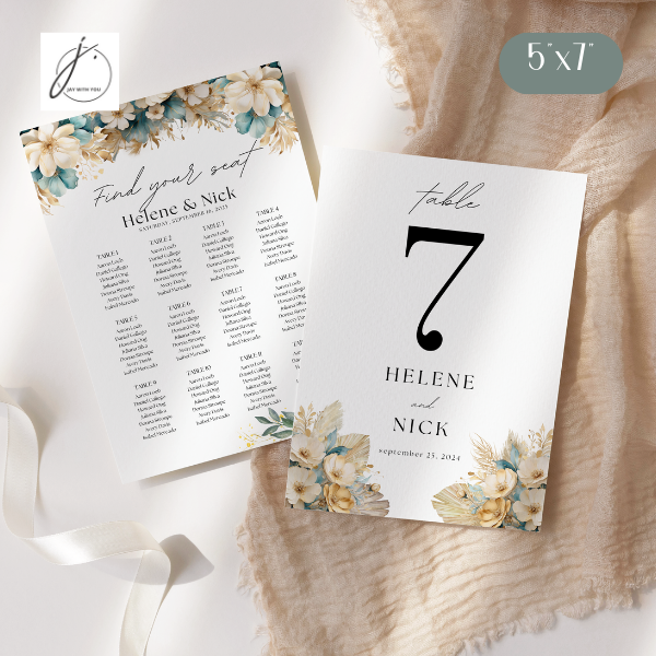 Teal-Gold Floral Seating Chart - Table Number