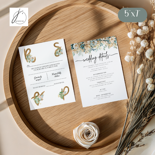 Teal-Gold Floral RSVP - Wedding Info Card