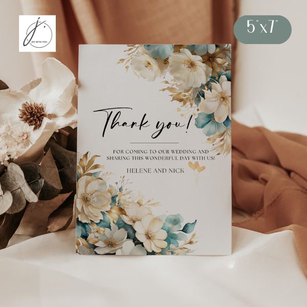 Teal-Gold Floral Thank You Card