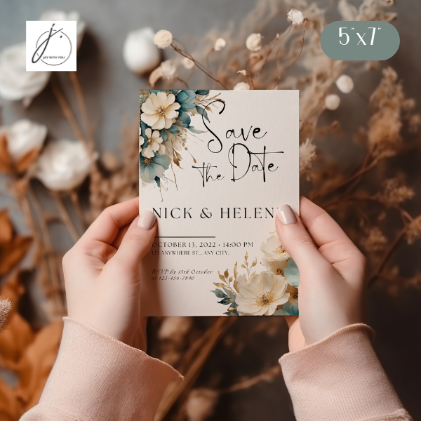 Teal-Gold Floral Save the Date 