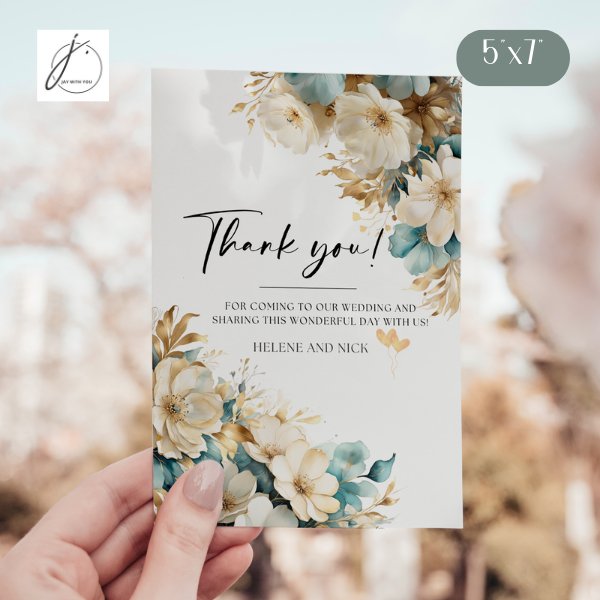 Teal-Gold Floral Thank You Card