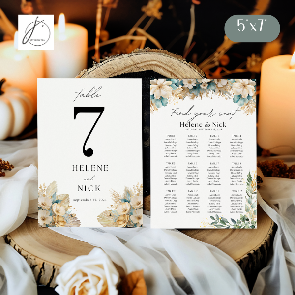 Teal-Gold Floral Seating Chart - Table Number