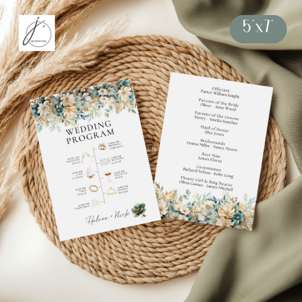 Teal-Gold Floral Wedding Program - Family Info