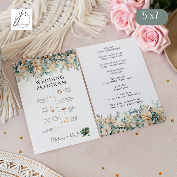 Teal-Gold Floral Wedding Program - Family Info