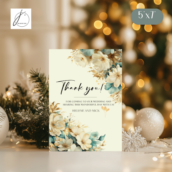Teal-Gold Floral Thank You Card