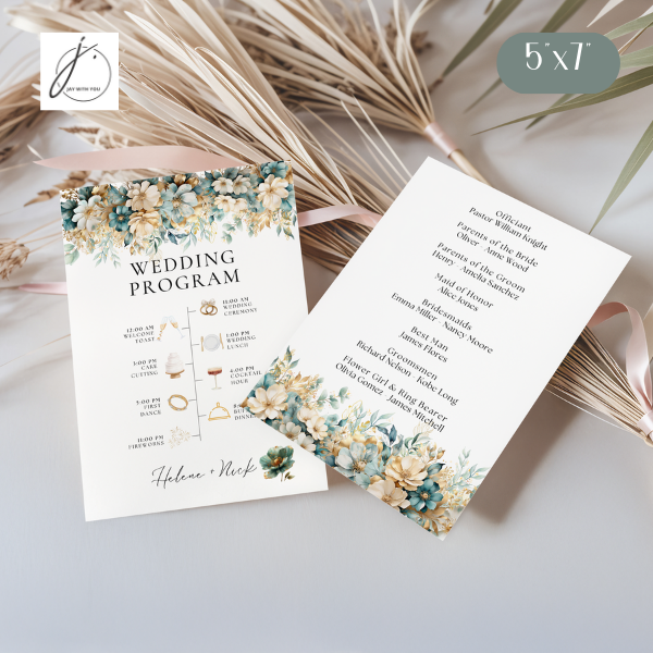 Teal-Gold Floral Wedding Program - Family Info