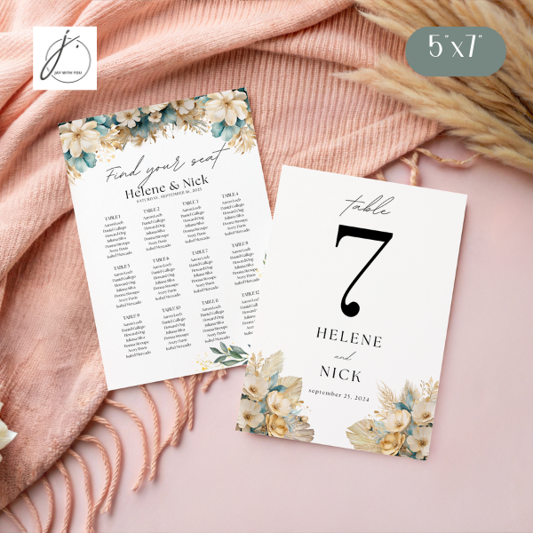 Teal-Gold Floral Seating Chart - Table Number