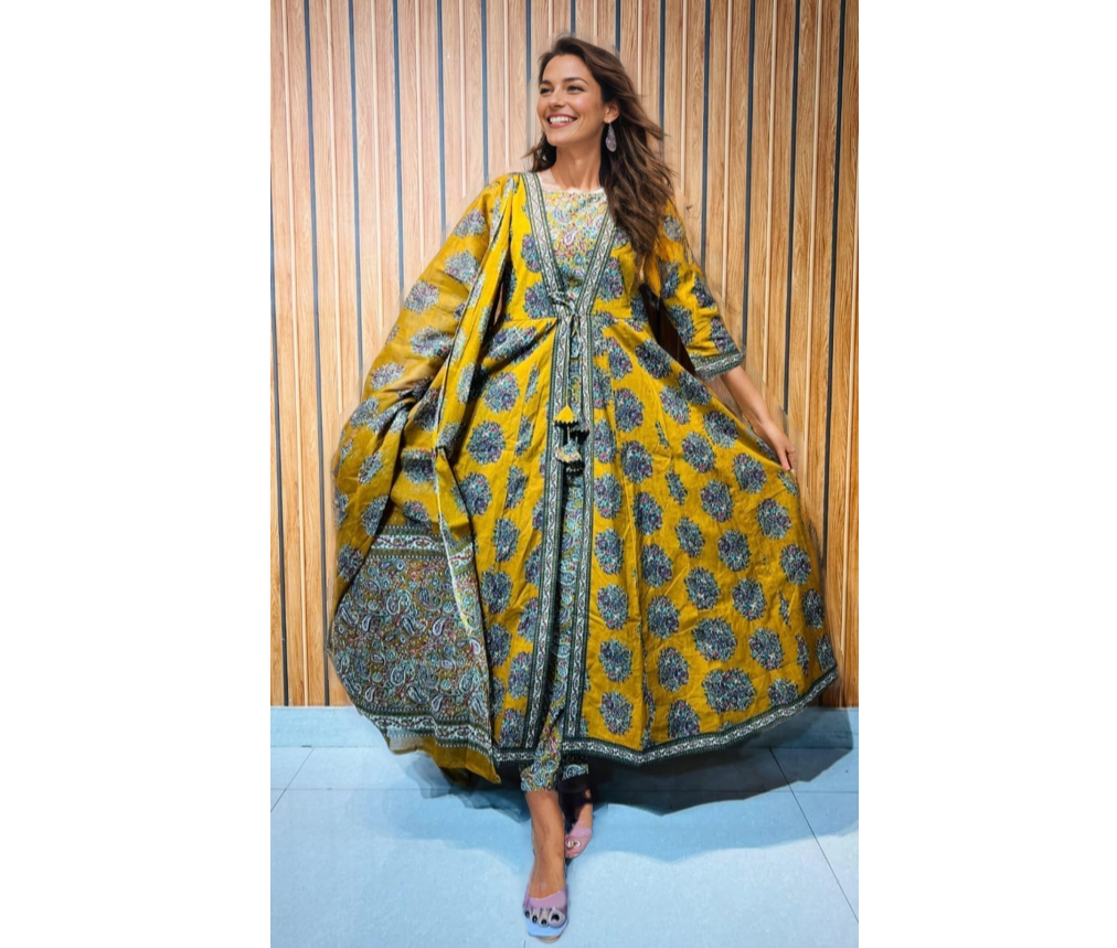 Elegant Yellow Ajrak Front Cut Anarkali Dress