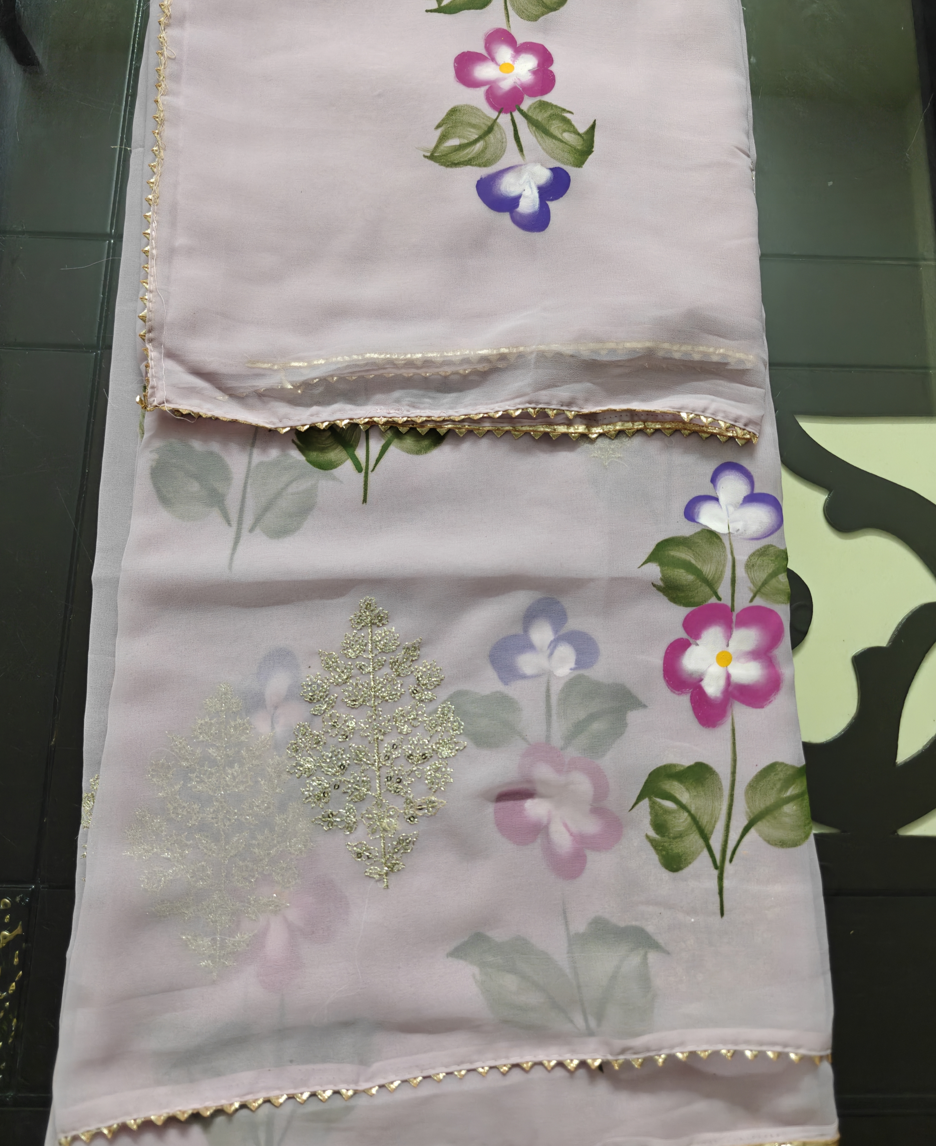 Floral hand brush painted Chiffon Saree