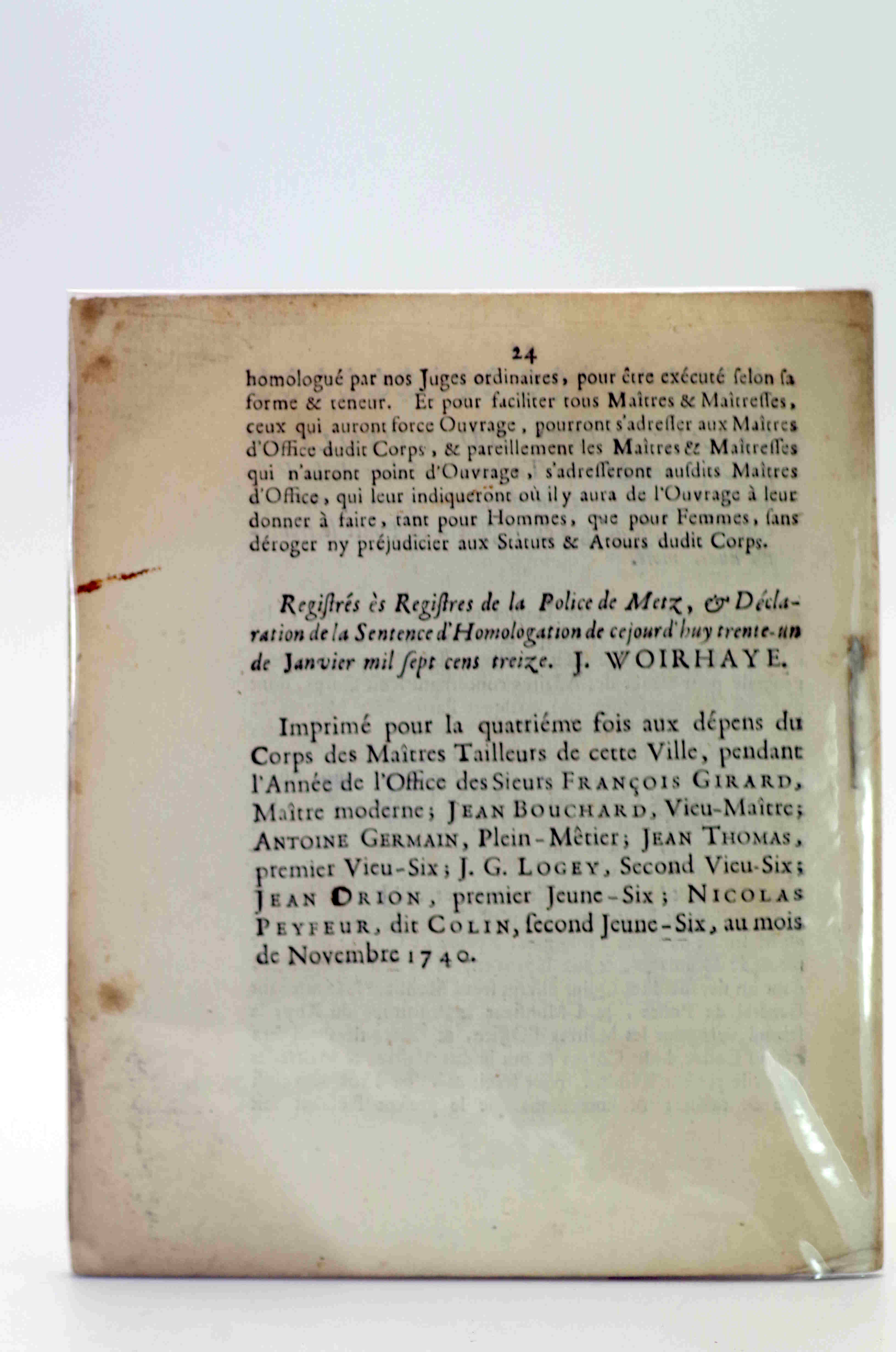Statuts et reglemens (sic) des Maîtres Tailleurs d'habits de la ville de Metz.