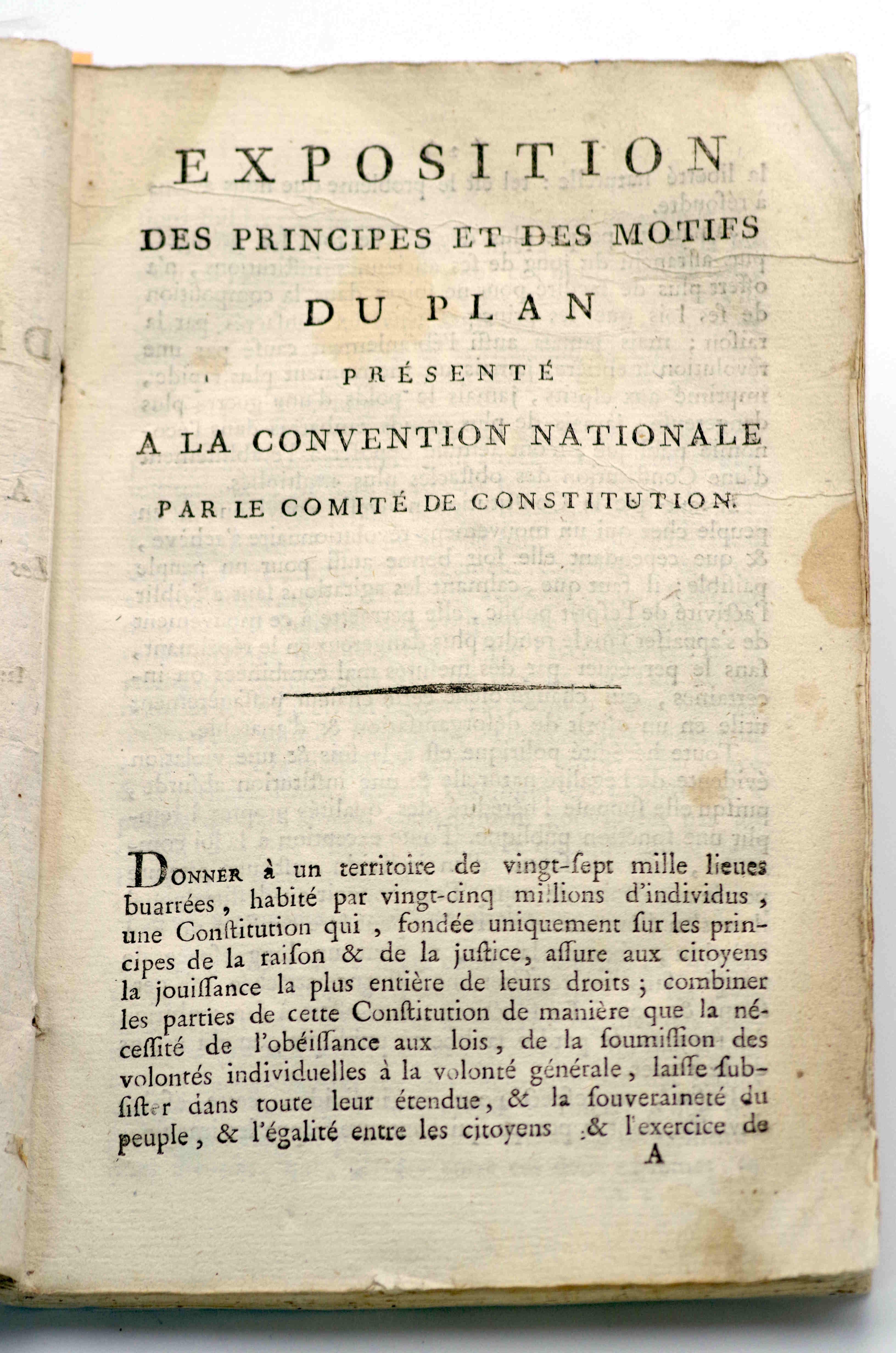 Plan de Constitution présenté à la convention nationale les 15 et 16 février 1793, l'an IIme de la République. Imprimé par ordre de la Convention Nationale.