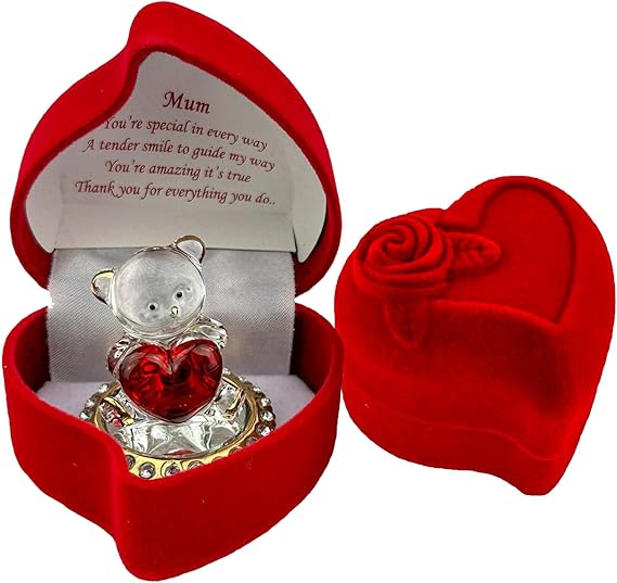 Mum love heart teddy bear red rose Mother's Day Christmas birthday boxed glass ornament