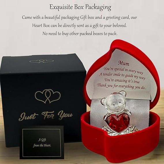 Mum love heart teddy bear red rose Mother's Day Christmas birthday boxed glass ornament