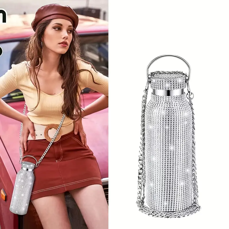 1pc Sparkling Diamond Stainless Steel Insulated Bottle, 17oz, Leak Proof, Double Wall Vacuum Flask for Coffee, Tea, Juice, Water, Ideal for Office, Reading, Camping, Perfect Holiday Gift for Halloween, Easter, Fathers Day Thanksgiving, Graduation