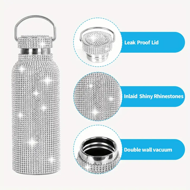 1pc Sparkling Diamond Stainless Steel Insulated Bottle, 17oz, Leak Proof, Double Wall Vacuum Flask for Coffee, Tea, Juice, Water, Ideal for Office, Reading, Camping, Perfect Holiday Gift for Halloween, Easter, Fathers Day Thanksgiving, Graduation