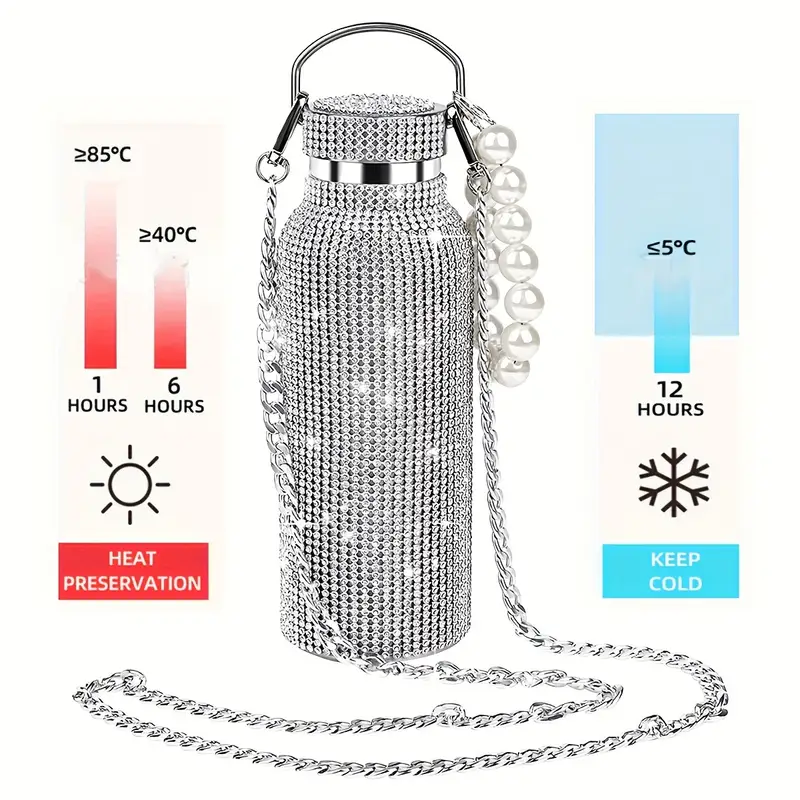 1pc Sparkling Diamond Stainless Steel Insulated Bottle, 17oz, Leak Proof, Double Wall Vacuum Flask for Coffee, Tea, Juice, Water, Ideal for Office, Reading, Camping, Perfect Holiday Gift for Halloween, Easter, Fathers Day Thanksgiving, Graduation