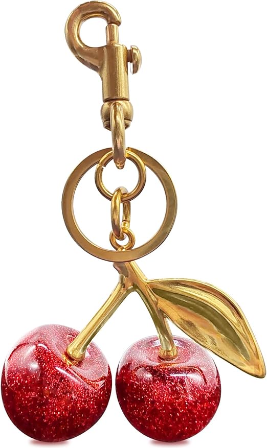 Cherry Car Keychain for Women, Cute Shiny Resin Metal Accessories for Backpacks, Wallets
