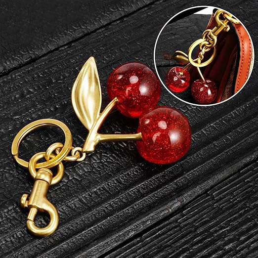 Cherry Car Keychain for Women, Cute Shiny Resin Metal Accessories for Backpacks, Wallets