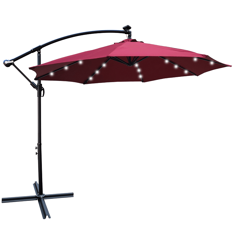W65627956  Outdoor exposed table lamp Solar umbrella 10 feet Solar lamp umbrella LED lighting umbrella 8 rib umbrella crank / cross base Burgundy Solar lamp umbrella Outdoor / garden / yard sola