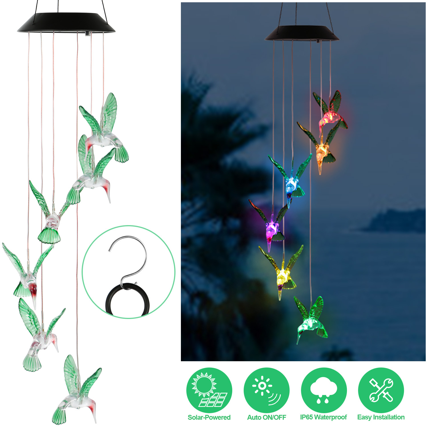 LED Solar Hummingbird Wind Chime Solar String Lights 6 LEDs Color-Changing IP65 Waterproof Decorative Lamp Lighting for Home Garden Fence Party