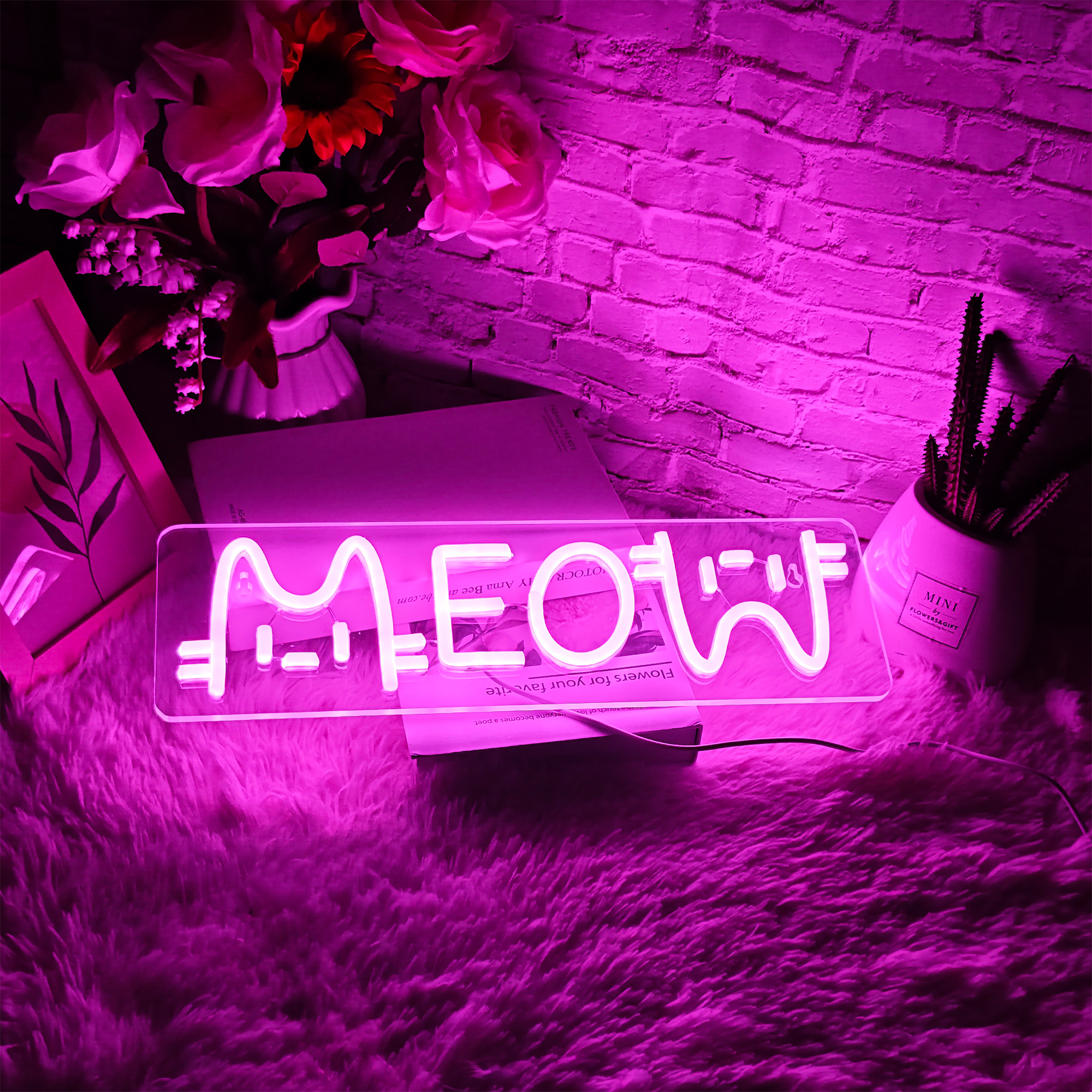 1 LED neon light, pink "meow meow" cat shaped wall decoration light, bright neon light with USB, suitable for decorating girls' bedrooms, 5V adjustable lighting, very suitable for room accents