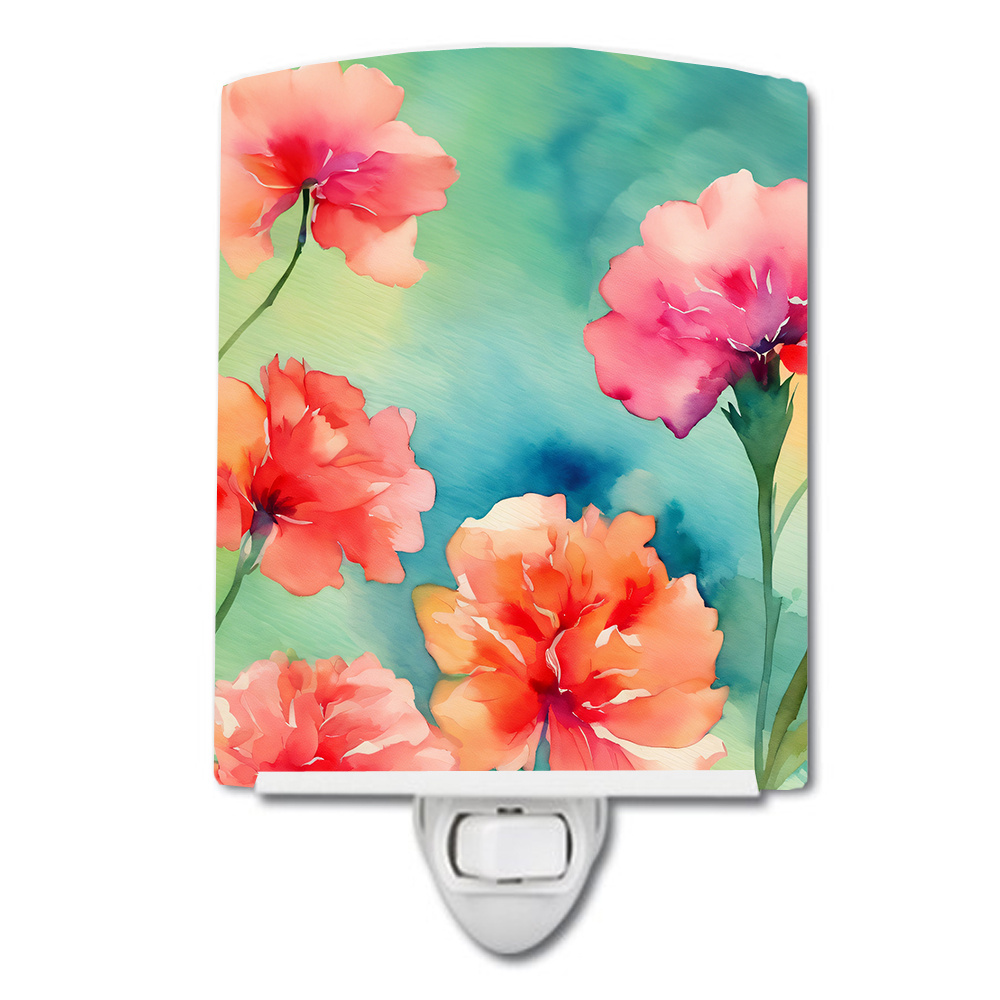 NEW Carnations in Watercolor Ceramic Night Light Compact, UL-Certified, Ideal for Bedroom, Bathroom, Nursery, Hallway, Kitchen, 6x4x3, Multicolor