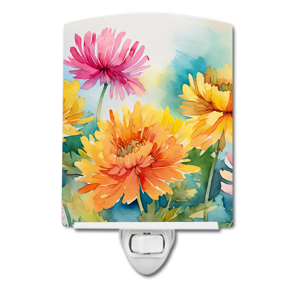 NEW Chrysanthemums in Watercolor Ceramic Night Light Compact, UL-Certified, Ideal for Bedroom, Bathroom, Nursery, Hallway, Kitchen, 6x4x3, Multicolor