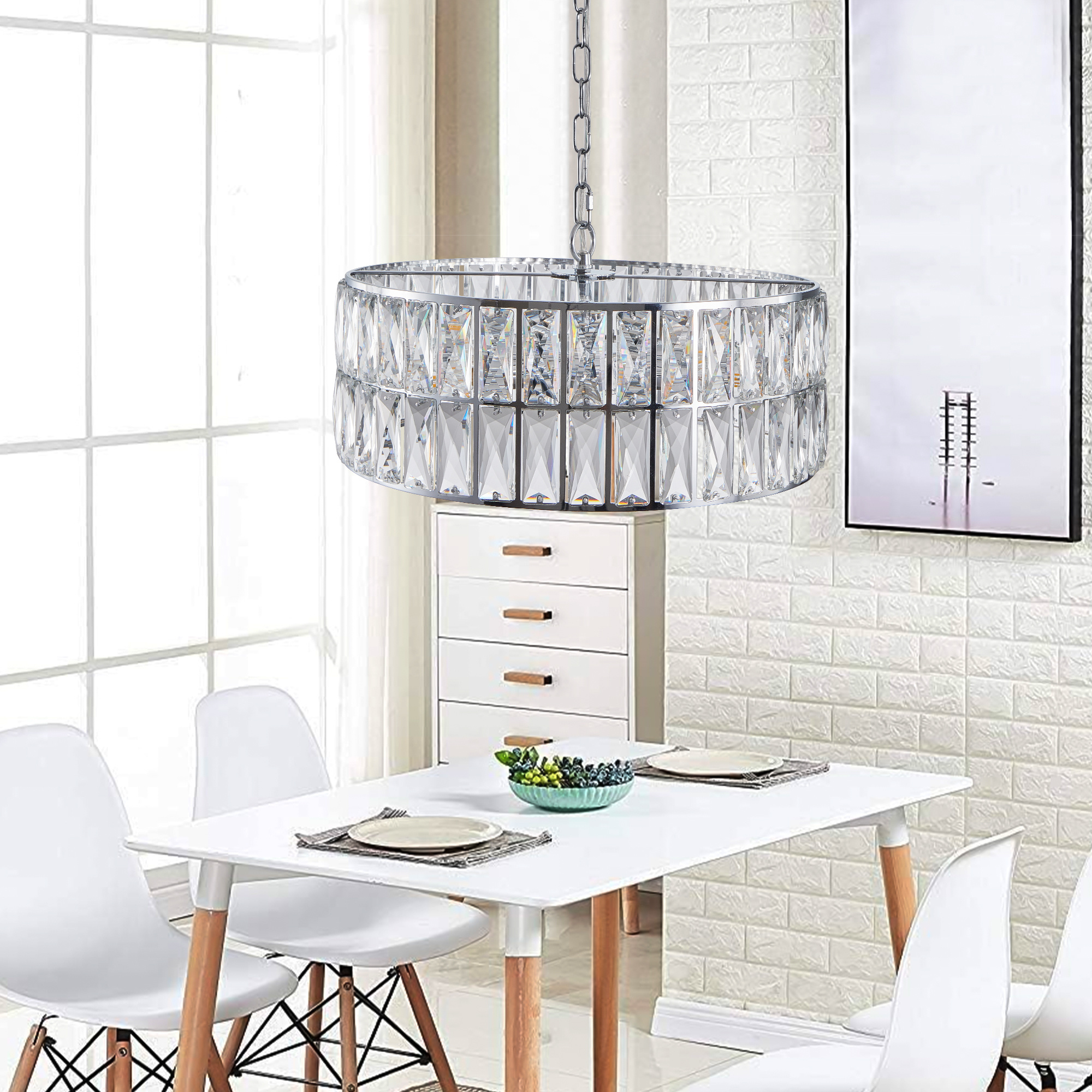 Modern Crystal Drum Chandelier, 6-Light Pendant Lighting Fixture with Silver Metal Frame for Living Room, Dining Room, and Bedroom (Bulbs Not Included)